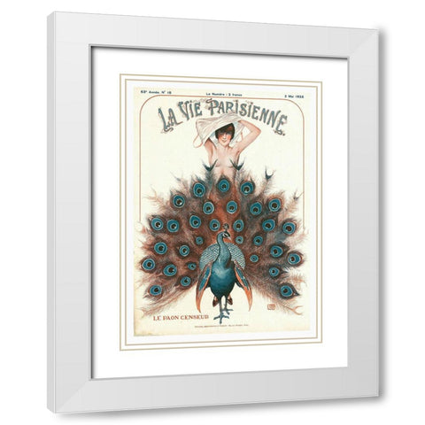 Vintage Art Deco Peacock White Modern Wood Framed Art Print with Double Matting by Vintage Apple Collection