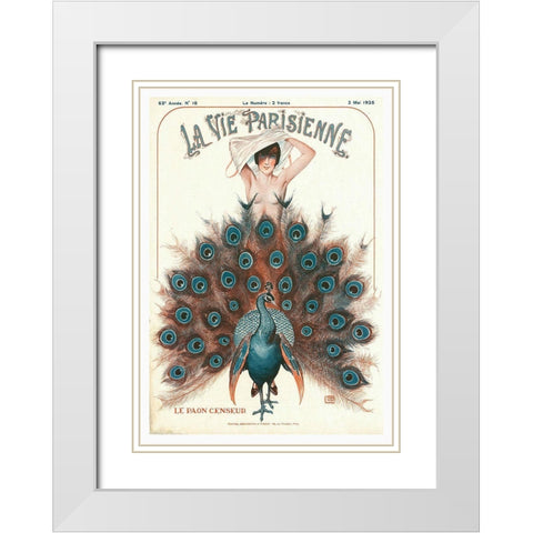 Vintage Art Deco Peacock White Modern Wood Framed Art Print with Double Matting by Vintage Apple Collection