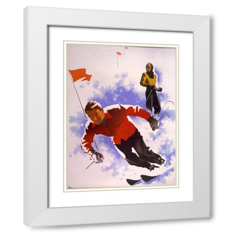 Downhill Skiing White Modern Wood Framed Art Print with Double Matting by Vintage Apple Collection