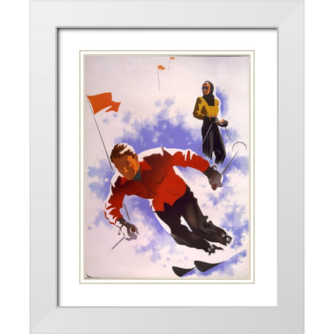 Downhill Skiing White Modern Wood Framed Art Print with Double Matting by Vintage Apple Collection