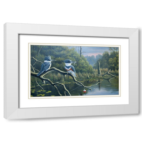 Fishermans Luck, Belted Kingfishers White Modern Wood Framed Art Print with Double Matting by Goebel, Wilhelm