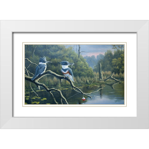 Fishermans Luck, Belted Kingfishers White Modern Wood Framed Art Print with Double Matting by Goebel, Wilhelm