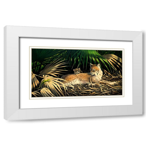 Sunny Spot Bobcat with Kittens White Modern Wood Framed Art Print with Double Matting by Goebel, Wilhelm