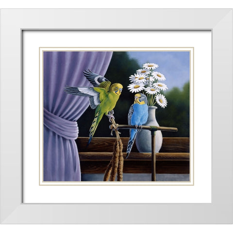 Parakeets White Modern Wood Framed Art Print with Double Matting by Goebel, Wilhelm