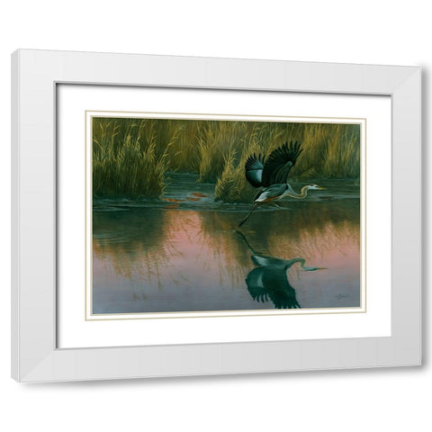 Evening Flight - Great Blue Heron White Modern Wood Framed Art Print with Double Matting by Goebel, Wilhelm