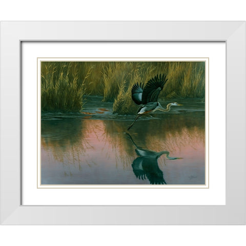 Evening Flight - Great Blue Heron White Modern Wood Framed Art Print with Double Matting by Goebel, Wilhelm
