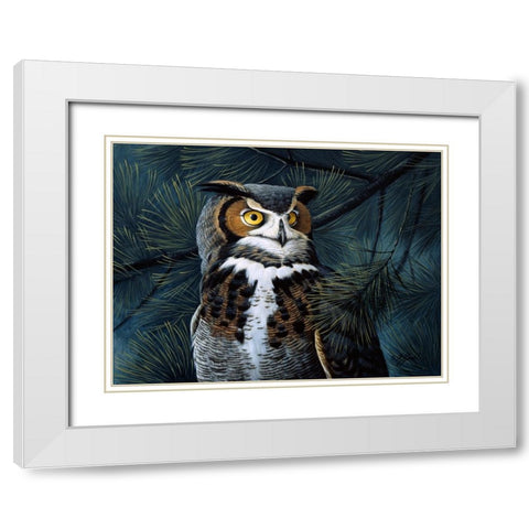 Portrait In The Pines - Great Horned Owl White Modern Wood Framed Art Print with Double Matting by Goebel, Wilhelm