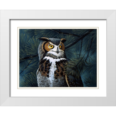 Portrait In The Pines - Great Horned Owl White Modern Wood Framed Art Print with Double Matting by Goebel, Wilhelm