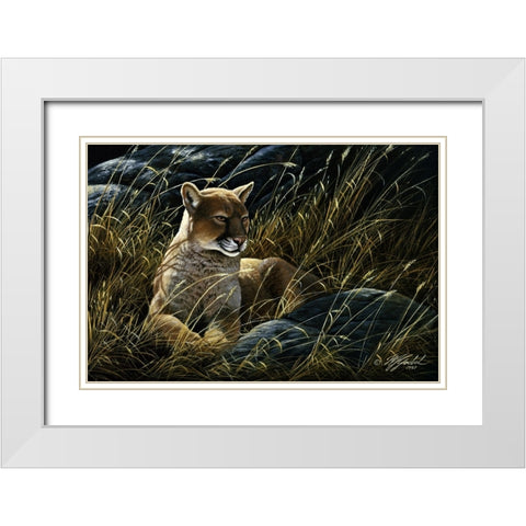 Cougar In The Grass White Modern Wood Framed Art Print with Double Matting by Goebel, Wilhelm