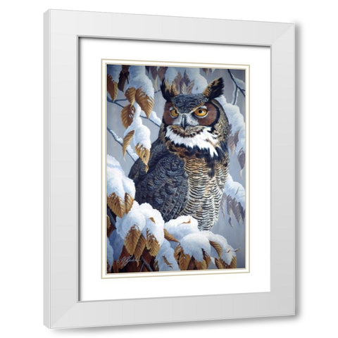 Winter Watch - Great Horned Owl White Modern Wood Framed Art Print with Double Matting by Goebel, Wilhelm