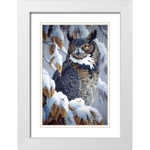 Winter Watch - Great Horned Owl White Modern Wood Framed Art Print with Double Matting by Goebel, Wilhelm
