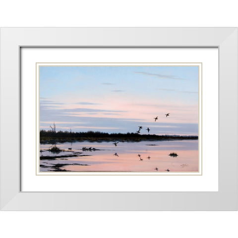 Sunset March Black Ducks White Modern Wood Framed Art Print with Double Matting by Goebel, Wilhelm