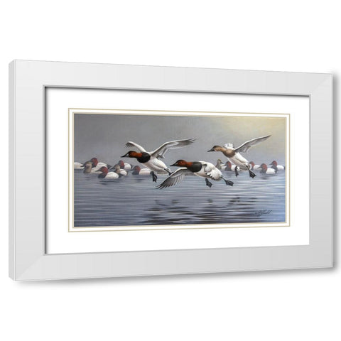 Canvasbacks Coming In White Modern Wood Framed Art Print with Double Matting by Goebel, Wilhelm