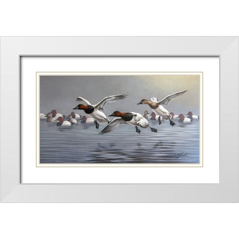 Canvasbacks Coming In White Modern Wood Framed Art Print with Double Matting by Goebel, Wilhelm