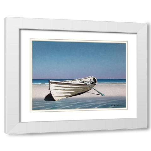 White Boat On Beach White Modern Wood Framed Art Print with Double Matting by Lu, Zhen-Huan