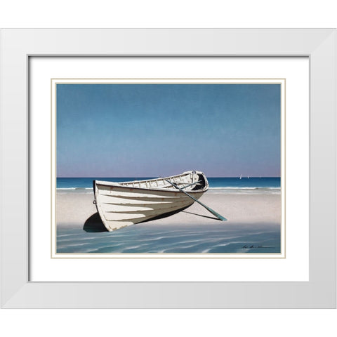 White Boat On Beach White Modern Wood Framed Art Print with Double Matting by Lu, Zhen-Huan