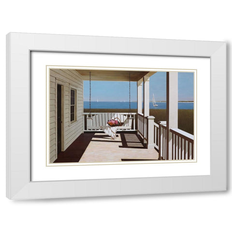 Flower Basket On Swing Chair White Modern Wood Framed Art Print with Double Matting by Lu, Zhen-Huan