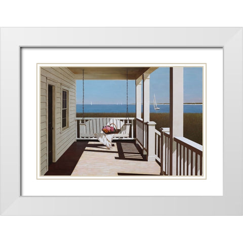 Flower Basket On Swing Chair White Modern Wood Framed Art Print with Double Matting by Lu, Zhen-Huan