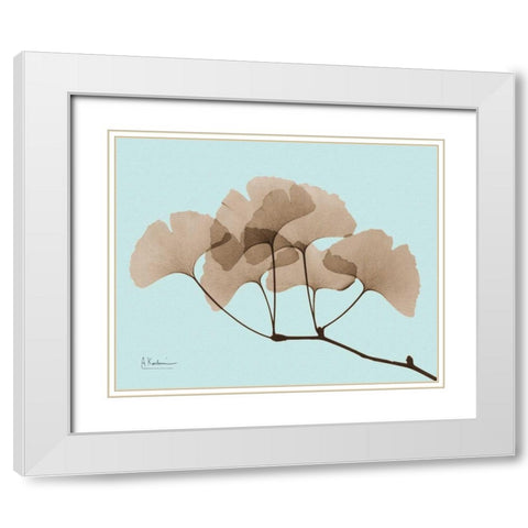 Gingko Leaves Brown on Blue White Modern Wood Framed Art Print with Double Matting by Koetsier, Albert