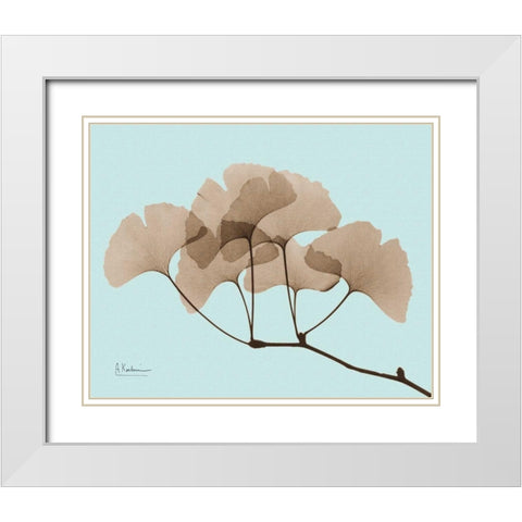 Gingko Leaves Brown on Blue White Modern Wood Framed Art Print with Double Matting by Koetsier, Albert