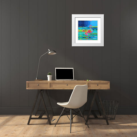 Duo Flamingos White Modern Wood Framed Art Print with Double Matting by Ormsby, Anne