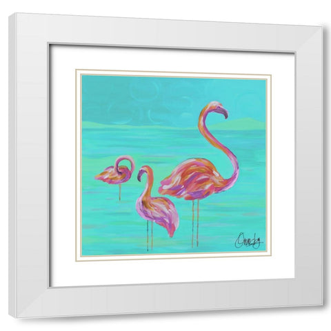 Duo Flamingos White Modern Wood Framed Art Print with Double Matting by Ormsby, Anne