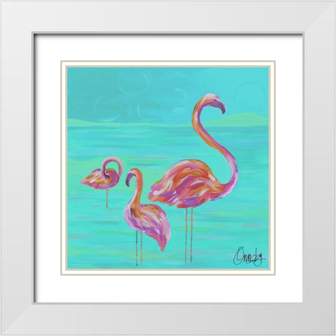 Duo Flamingos White Modern Wood Framed Art Print with Double Matting by Ormsby, Anne