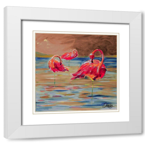 Trio Flamingos White Modern Wood Framed Art Print with Double Matting by Ormsby, Anne