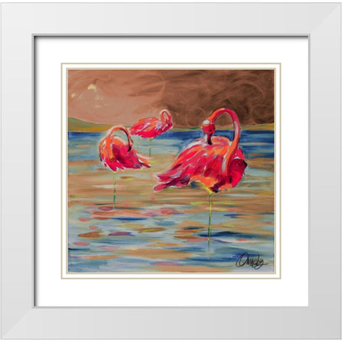 Trio Flamingos White Modern Wood Framed Art Print with Double Matting by Ormsby, Anne