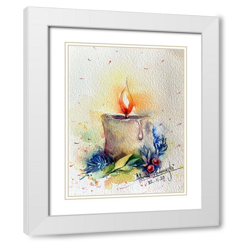Candle With Cherries White Modern Wood Framed Art Print with Double Matting by Rudraksi, Ashwini
