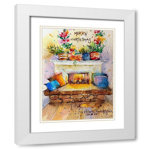 Christmas Fire Place White Modern Wood Framed Art Print with Double Matting by Rudraksi, Ashwini