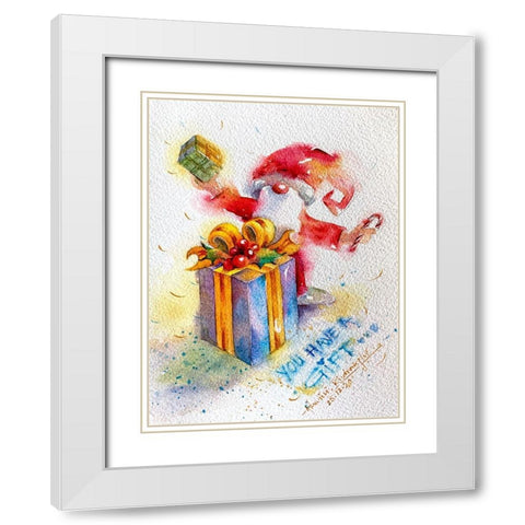 Santa With Gift White Modern Wood Framed Art Print with Double Matting by Rudraksi, Ashwini