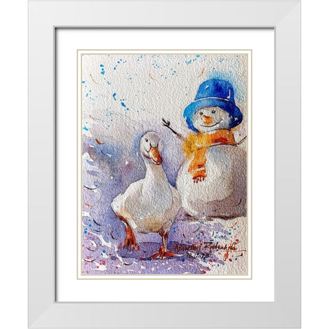 Goose And Snowman White Modern Wood Framed Art Print with Double Matting by Rudraksi, Ashwini