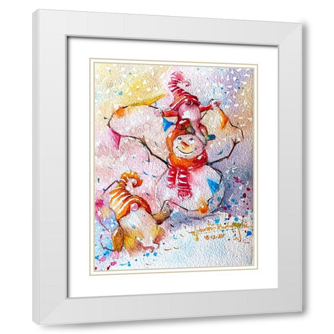 Snowman With Gnome White Modern Wood Framed Art Print with Double Matting by Rudraksi, Ashwini