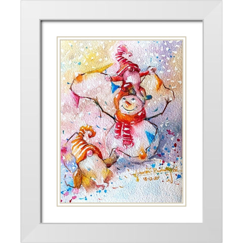 Snowman With Gnome White Modern Wood Framed Art Print with Double Matting by Rudraksi, Ashwini