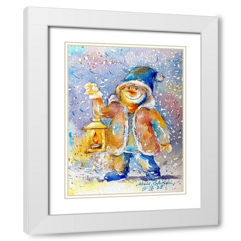 Snowman With Lantern White Modern Wood Framed Art Print with Double Matting by Rudraksi, Ashwini