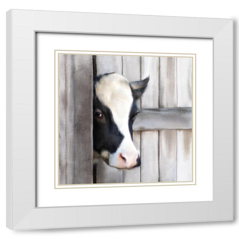 Peeking Cow White Modern Wood Framed Art Print with Double Matting by Bailey, Ann