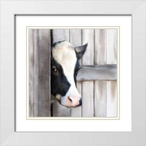 Peeking Cow White Modern Wood Framed Art Print with Double Matting by Bailey, Ann