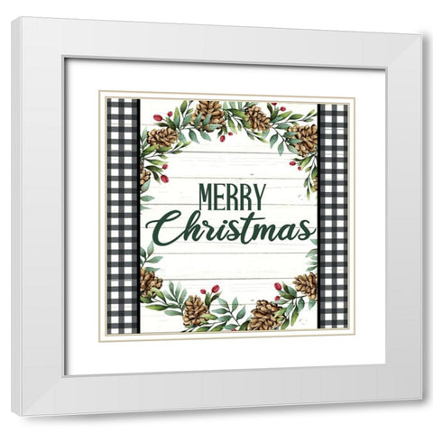 Merry Christmas Plaid Wreath White Modern Wood Framed Art Print with Double Matting by Bailey, Ann
