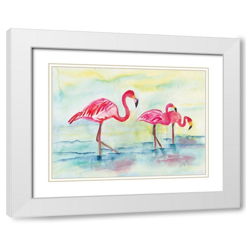 Sunset Flamingoes I White Modern Wood Framed Art Print with Double Matting by Dyer, Beverly