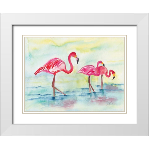 Sunset Flamingoes I White Modern Wood Framed Art Print with Double Matting by Dyer, Beverly