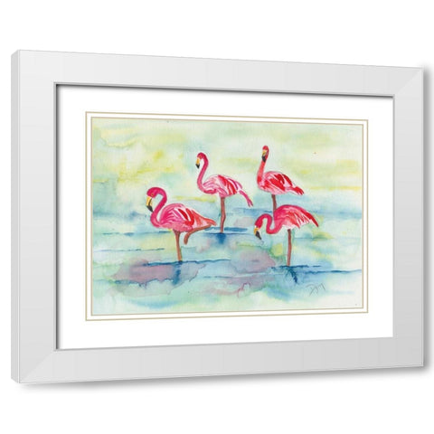 Sunset Flamingoes II White Modern Wood Framed Art Print with Double Matting by Dyer, Beverly