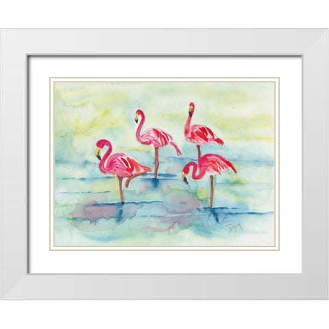 Sunset Flamingoes II White Modern Wood Framed Art Print with Double Matting by Dyer, Beverly