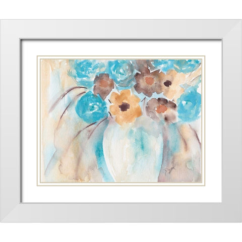 Teal Brown Garden Bouquet White Modern Wood Framed Art Print with Double Matting by Dyer, Beverly