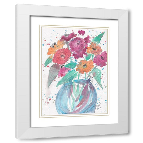 Zinnia Bouquet White Modern Wood Framed Art Print with Double Matting by Dyer, Beverly