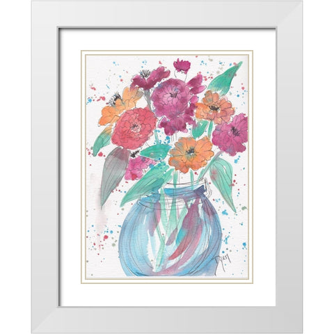 Zinnia Bouquet White Modern Wood Framed Art Print with Double Matting by Dyer, Beverly