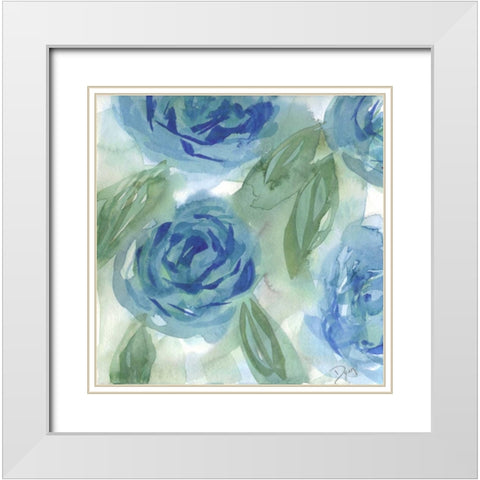 Blue Green Roses I White Modern Wood Framed Art Print with Double Matting by Dyer, Beverly