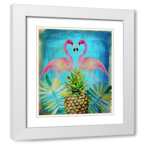 Pineapple Flamingos White Modern Wood Framed Art Print with Double Matting by Boho Hue Studio