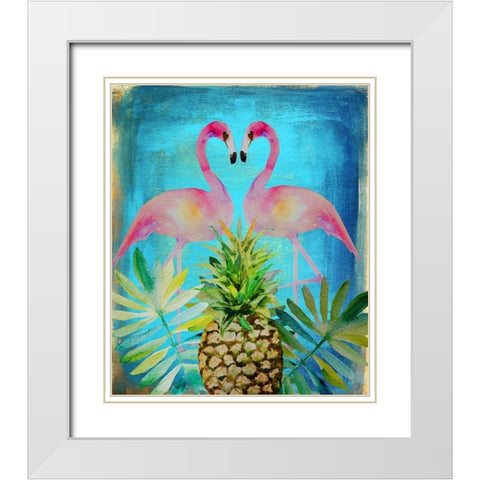 Pineapple Flamingos White Modern Wood Framed Art Print with Double Matting by Boho Hue Studio