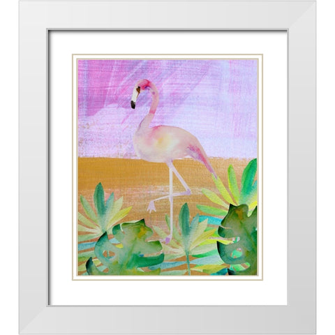 Palm Flamingo 3 White Modern Wood Framed Art Print with Double Matting by Boho Hue Studio